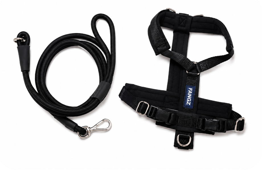 Black Adjustable No-Pull Dog Harness & Hands-Free Leash Set